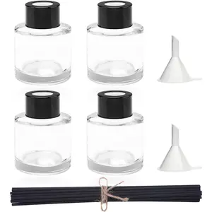 4 count Refillable  Glass Diffuser Bottles with 20 count Reeds Sticks & Black Caps & Funnel, Diffuser Jars for  Oil  Decoration Girl Women  (50ML)