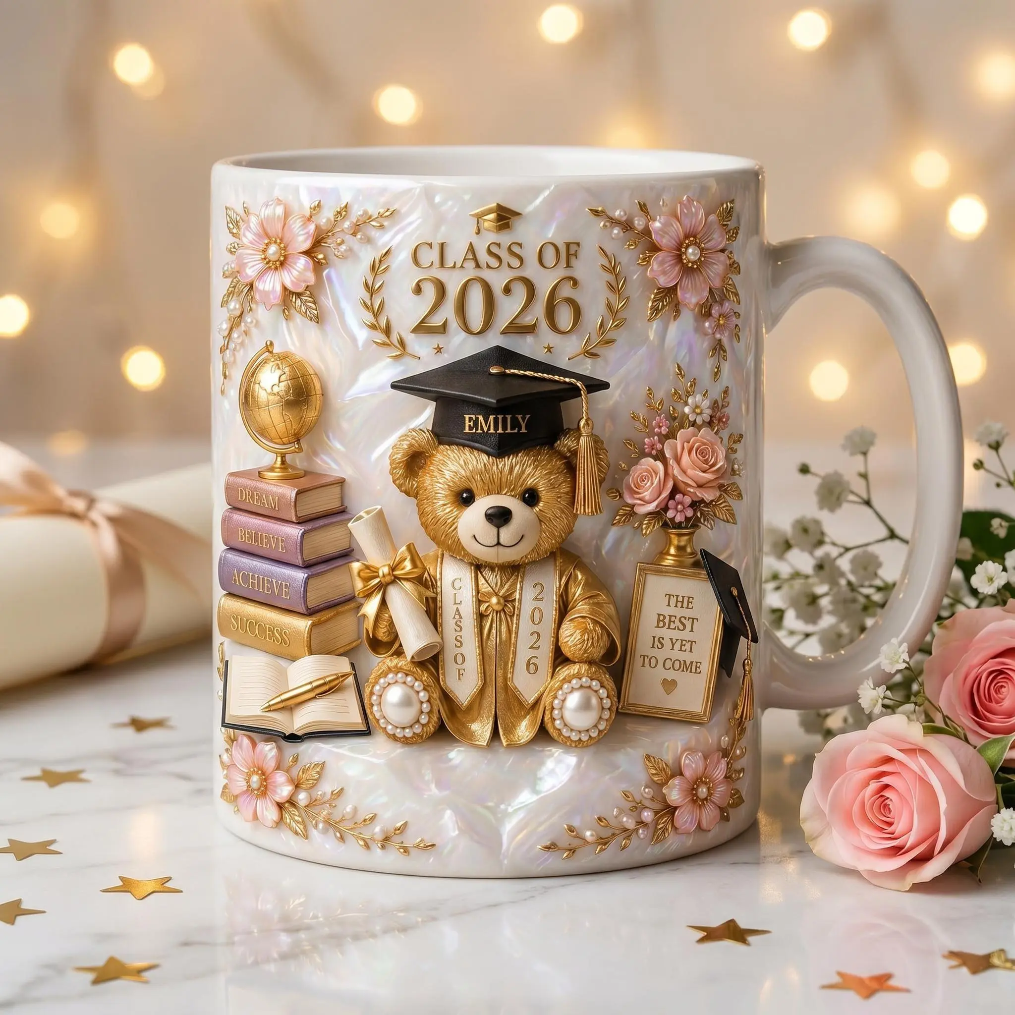 Class of 2026 Teddy Bear Graduation Custom name Mug, 2D Printed 3D Effect Floral Quote Coffee Cup, Cute Keepsake Mug for High School or College Graduates, Perfect Graduation Day Gift from Family and Friends(Please Enter Your Custom Name)