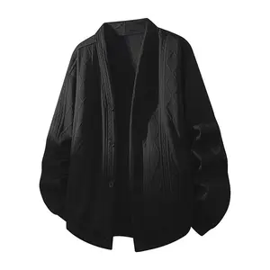 Men's casual simple versatile double-layer twisted button ribbed texture knitted diamond pattern cardigan knitted crew neck sweatshirt