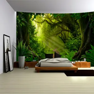 1 Oversized Mystical Forest Sunshine Landscape Wall Tapestry - Vibrant jungle scene with sunlight filtering through leaves, Polyester fabric, Great for living room, bedroom, office or party decoration, Free hanging clip, Jungle themed decor