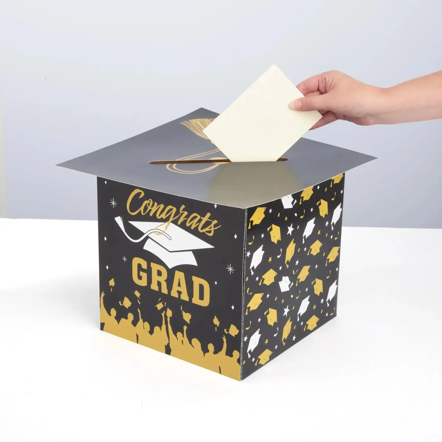 10" x 10" Congrats Graduation Cap Black Cardstock Card Box, Graduate, Card Storage