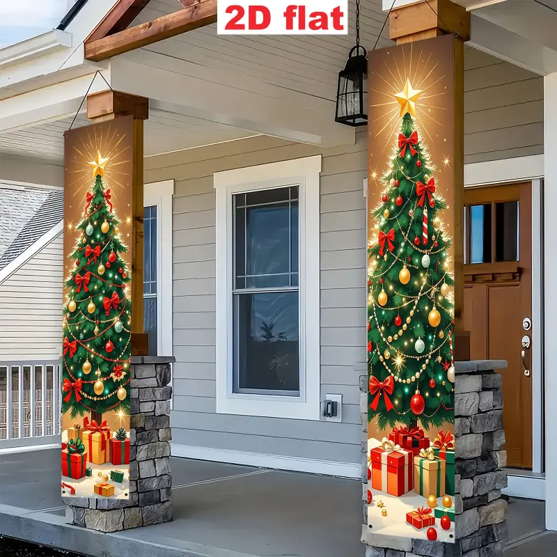 2Pcs Printed Polyester Christmas Porch Fabric Flag Banner Set - Lightweight, Weatherproof, Wrinkle-Resistant, High Color Fastness, Bright Fiber, No-Install Hanging Ornaments, Easy-to-Clean Decoration for Home Outdoor Christmas, Party Venues