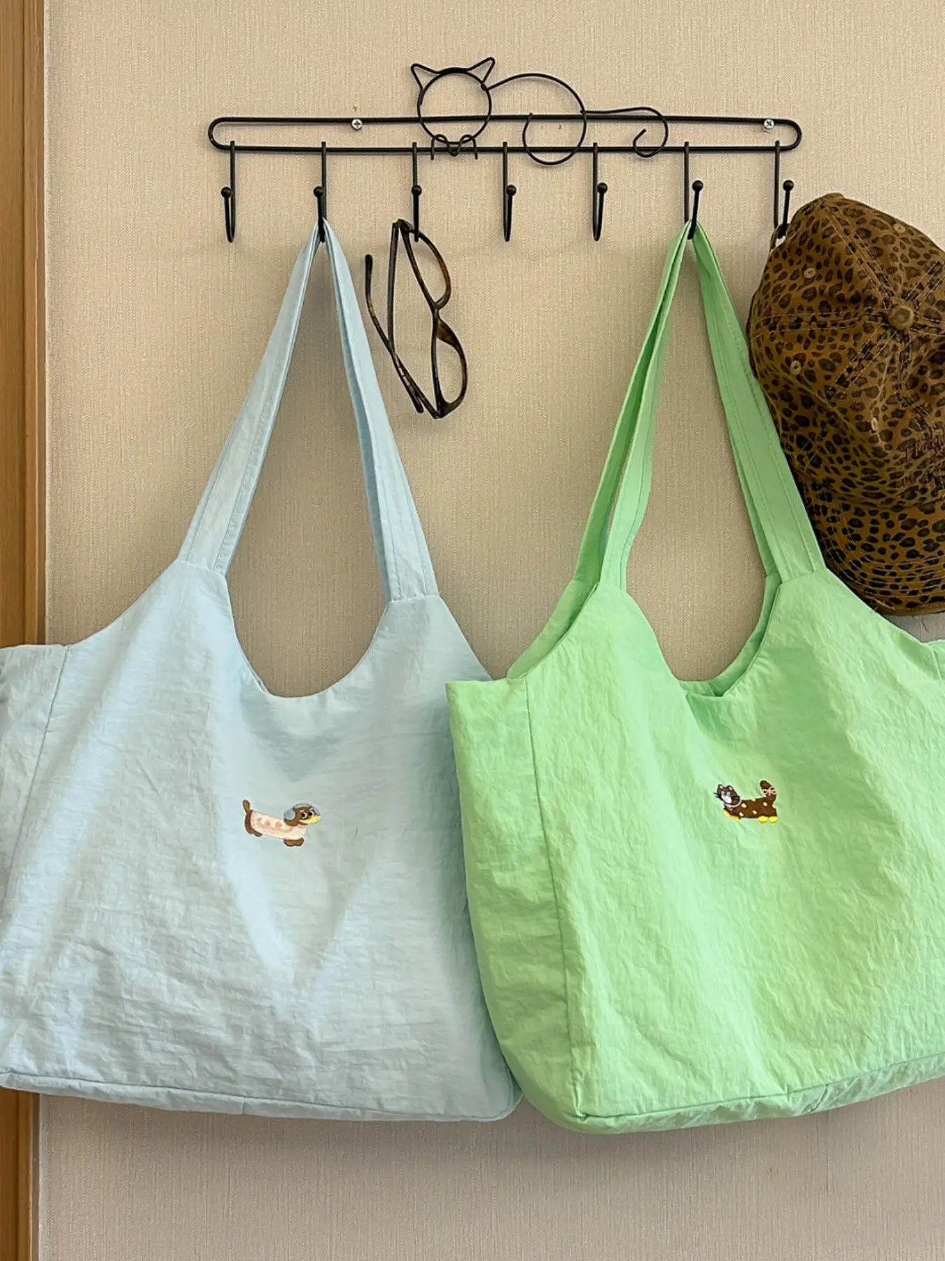 Cartoon Embroidered Nylon Tote Bag, Large Capacity Lightweight Fashionable Shoulder Bag, Multi-Color Options, Durable Washable Fashion Crossbody Bag
