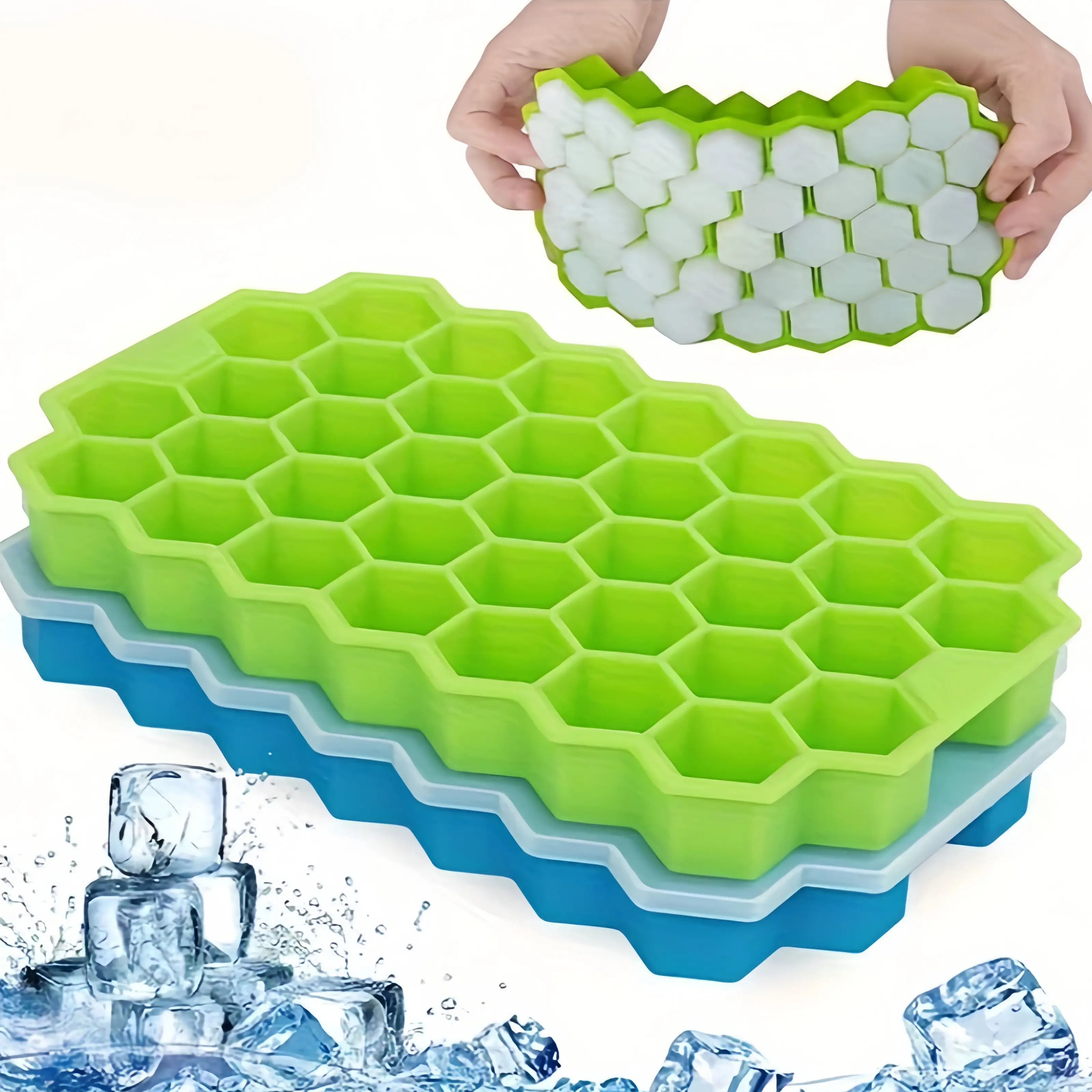 Stackable Silicone Ice Cube Trays with Lid - 37 Cubes for Chilled Drinks, Whiskey & Cocktails - Flexible and Safe