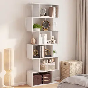 62" Geometric Bookcase, 5-Tier S-Shaped Modern Bookshelf, Tall Room Divider Shelf for Living Room, Bedroom, Home Office, Hallway