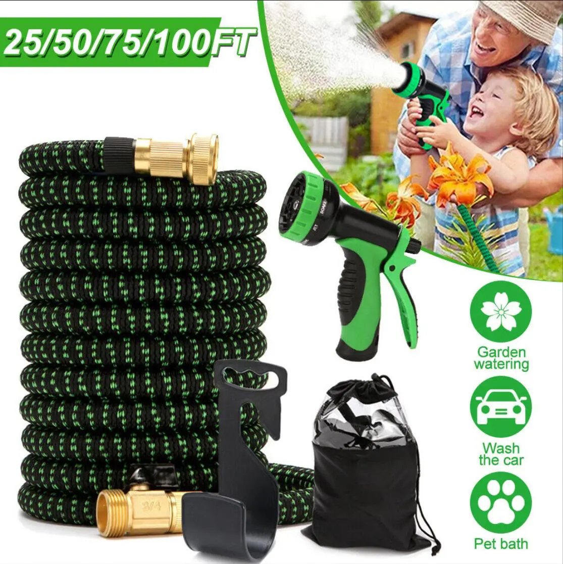 Expandable Flexible Water Hose 50/75/100FT Latex Core with 3/4" Solid Brass Fittings 4X Burst Pressure Anti-Kink Lightweight Design for Yard Car Wash Pet Bath Garden Watering System