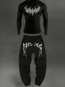 Edgy Gothic Graphic Tracksuit Set - Slim-Fit Compression Long-Sleeve Top & Jogger Pants | Stretch Fabric for Home Gym/Streetwear/Cozy Loungewear | Bold White Extreme Metal-Inspired Print | Trendy Y2K Dark Aesthetic Outfit for Men Athleisure Wear Set