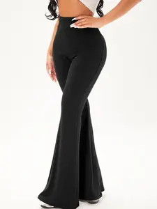 A women's black fashionable slim fit micro flared pants, Womenswear, Minimalist Lady with a micro flared design that accentuates curves and is suitable for commuting to work, shopping, and outdoor wear