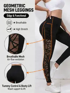 Women's Contrast Mesh Sheer Cut Out Shaping Leggings, High Waisted Leggings, Training Leggings Pants, Casual Comfy Breathable Skinny Pants for Yoga Gym Workout, Ladies Bottoms for All Seasons