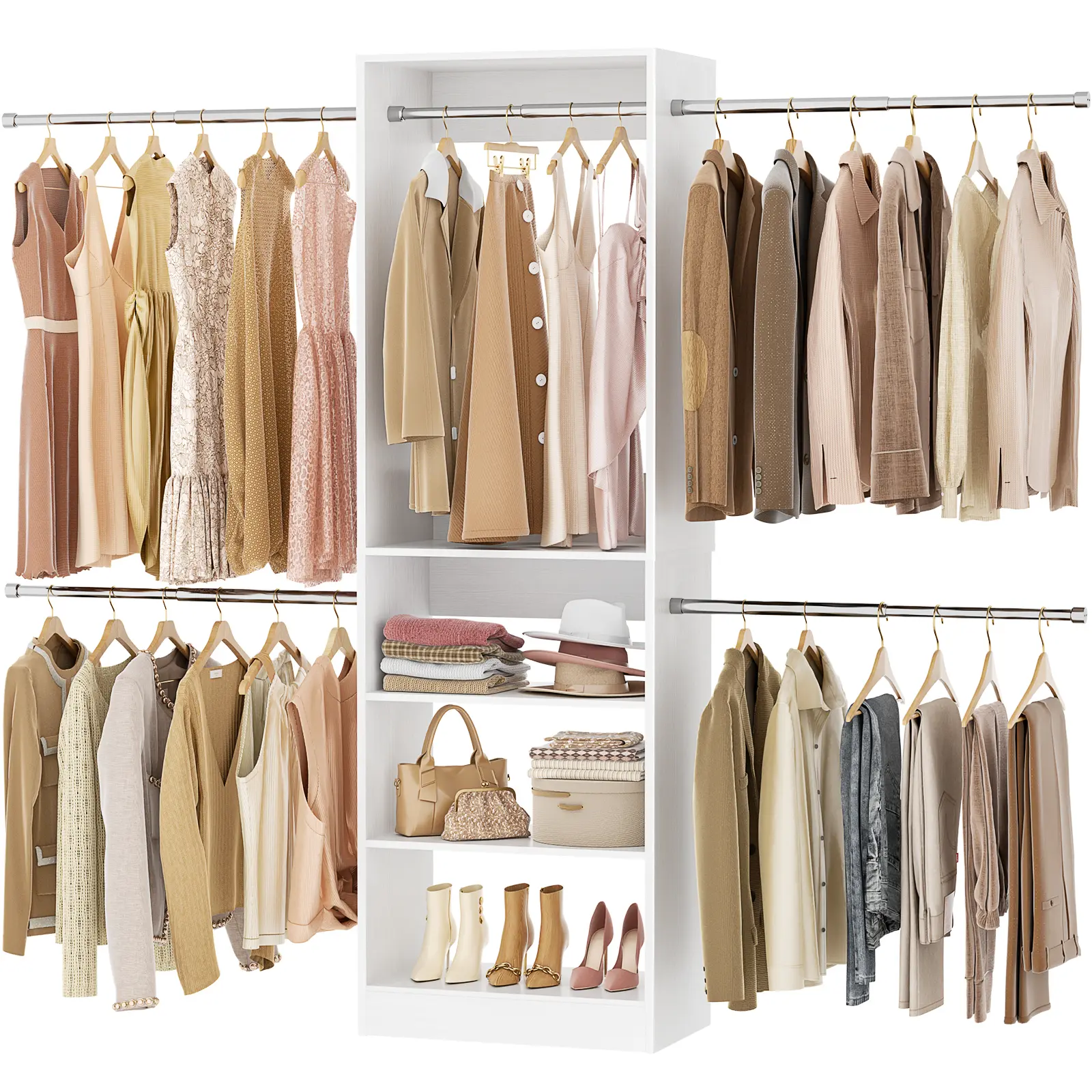 Wooden Closet System, 4.5-10ft Expandable Closet Organizer with 5 Hanging Rods & 4-Tier Shelving Tower, Adjustable Walk-in Reach-in Wardrobe Storage Solution for Bedroom