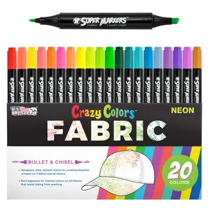U.S. Art Supply Super Markers 20 Neon Dual Tip Fabric Markers - Fine & Chisel Point Pens Fabric Marker Permanent for Clothes, T-Shirts - Permanent Ink Eye-Catching Ultra-Bright Neon Colors