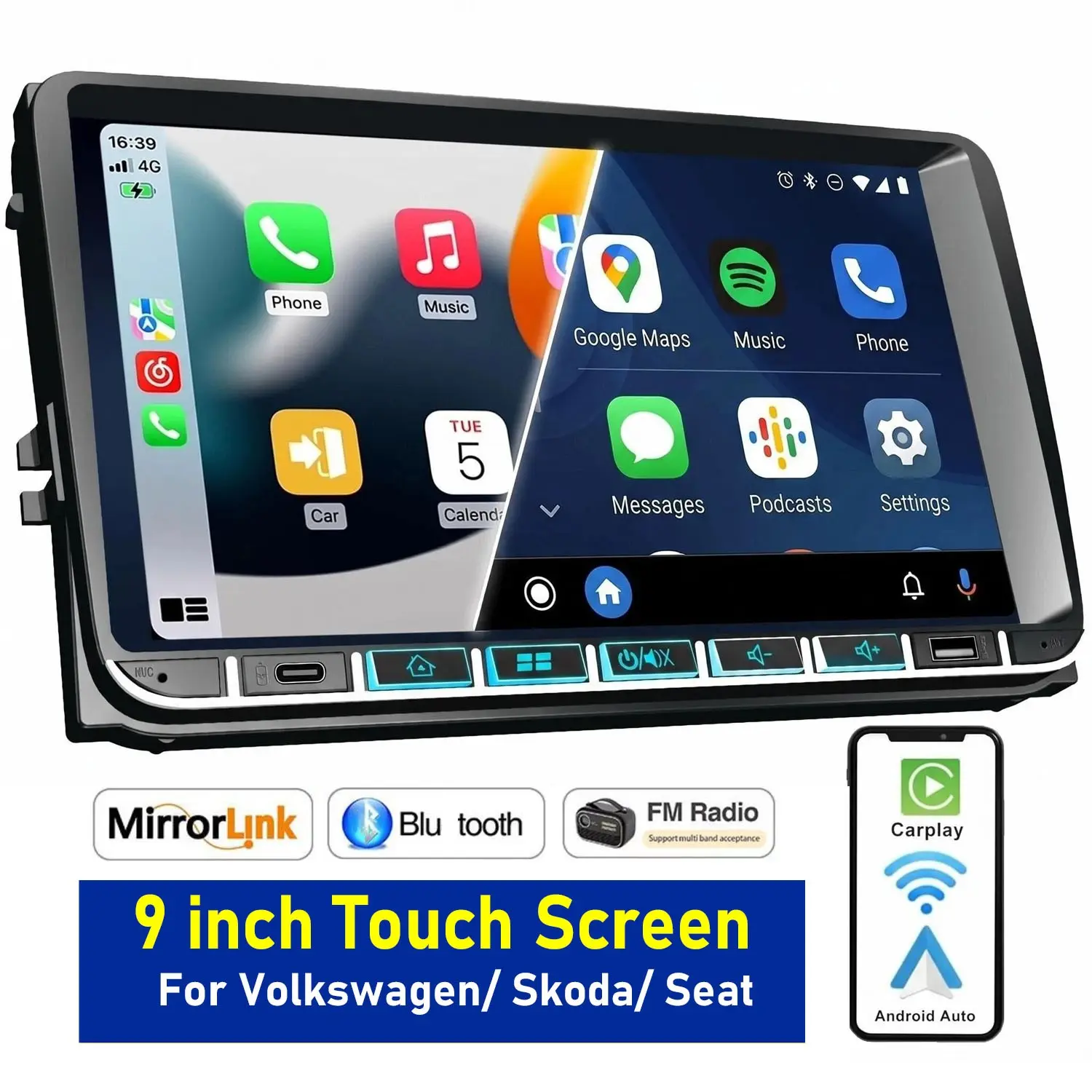 9 Inch 2din Volkswagen Car Stereo, HD Touchscreen, Wireless Carplay/android Auto, Smart Car Audio Navigation System