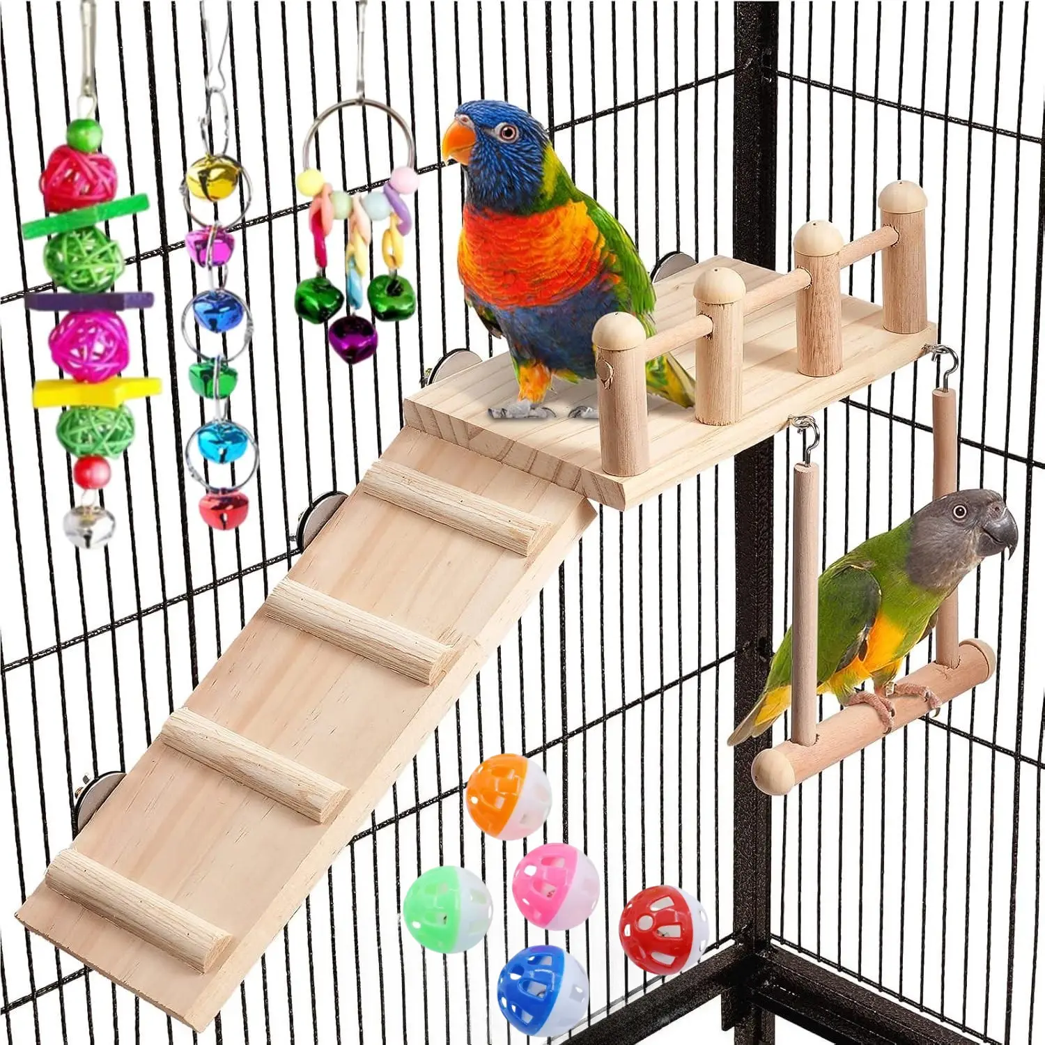 9 pieces parrot toy set, including wooden habitat platform, gnawing toys, and toy balls, suitable for wooden use in cockatoos, peonies, small and medium-sized birds, suitable for daily exercise, entertainment interaction, and cage space enrichment