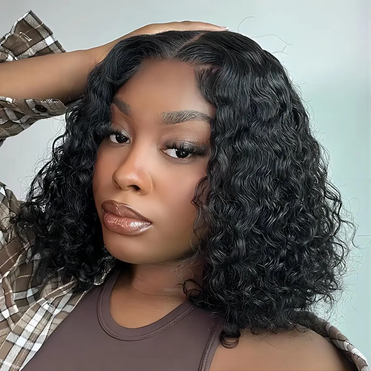 Nerkre TiktokShop Glueless Wigs 4x4 Water Wave Bob Human Hair Pre Plucked Pre Cut HD Transparent Lace Wig Human Hair Lace Front Closure Wigs For Black Women 180 Density Curly Wig Glueless Wear And Go Black