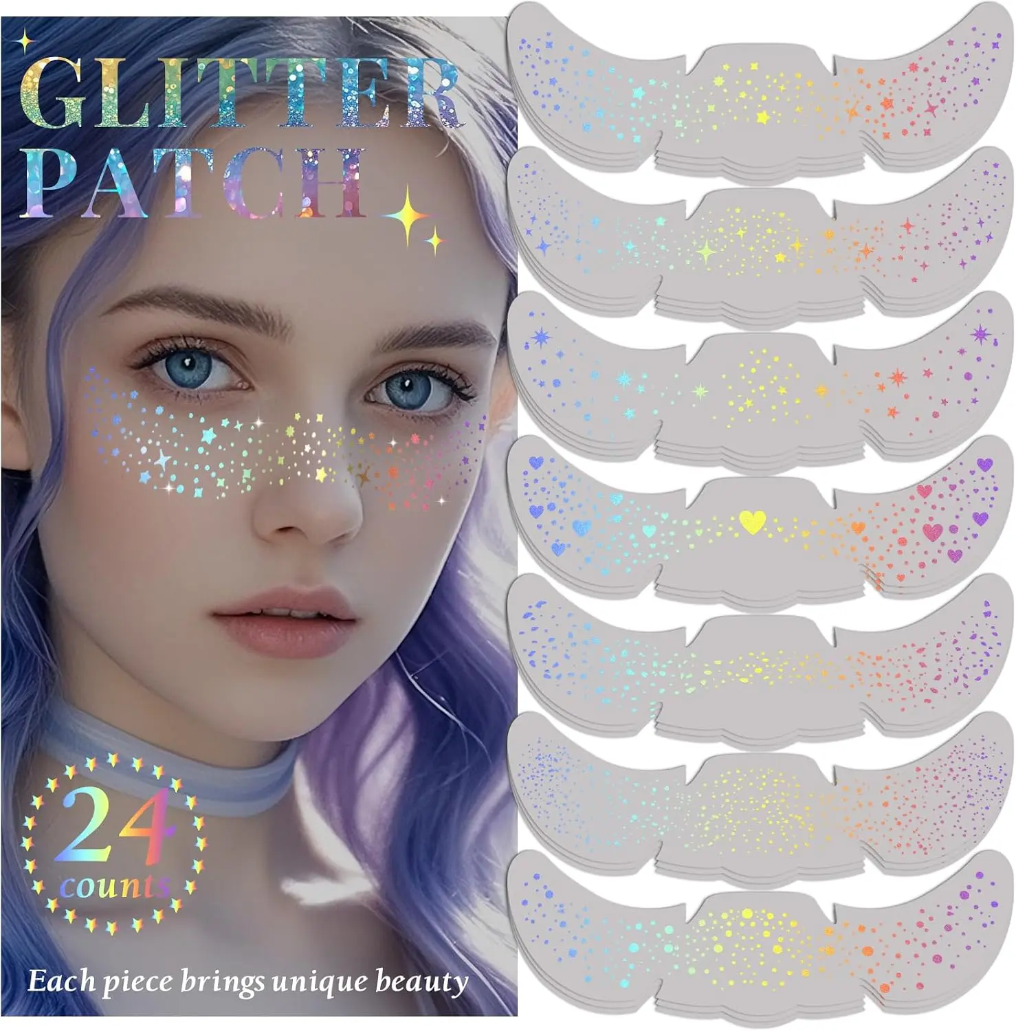 24pcs Glitter Freckles Makeup Patches-Holographic-Face Glitter Speckles | Sparkle Speckles Patches for Women, Cute Sparkling Fake Freckles, Glitter Freckles Face Tattoo, Musical Festival Accessories