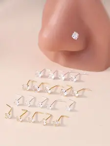 Nose Studs, L Shaped Nose Studs, Nose Piercing Jewelry for Women & Men, Stainless Steel Nose Rings, Body Jewelry for Party, Daily Clothing Decor, Spiral Nose Ring, Rhinestone Nose Ring