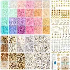 2 Box Set 3mm Seed Beads 24 Colors 10000pcs Elastic Cord Kit, Acrylic Shell Beads for Bracelets Jewelry Keychains
