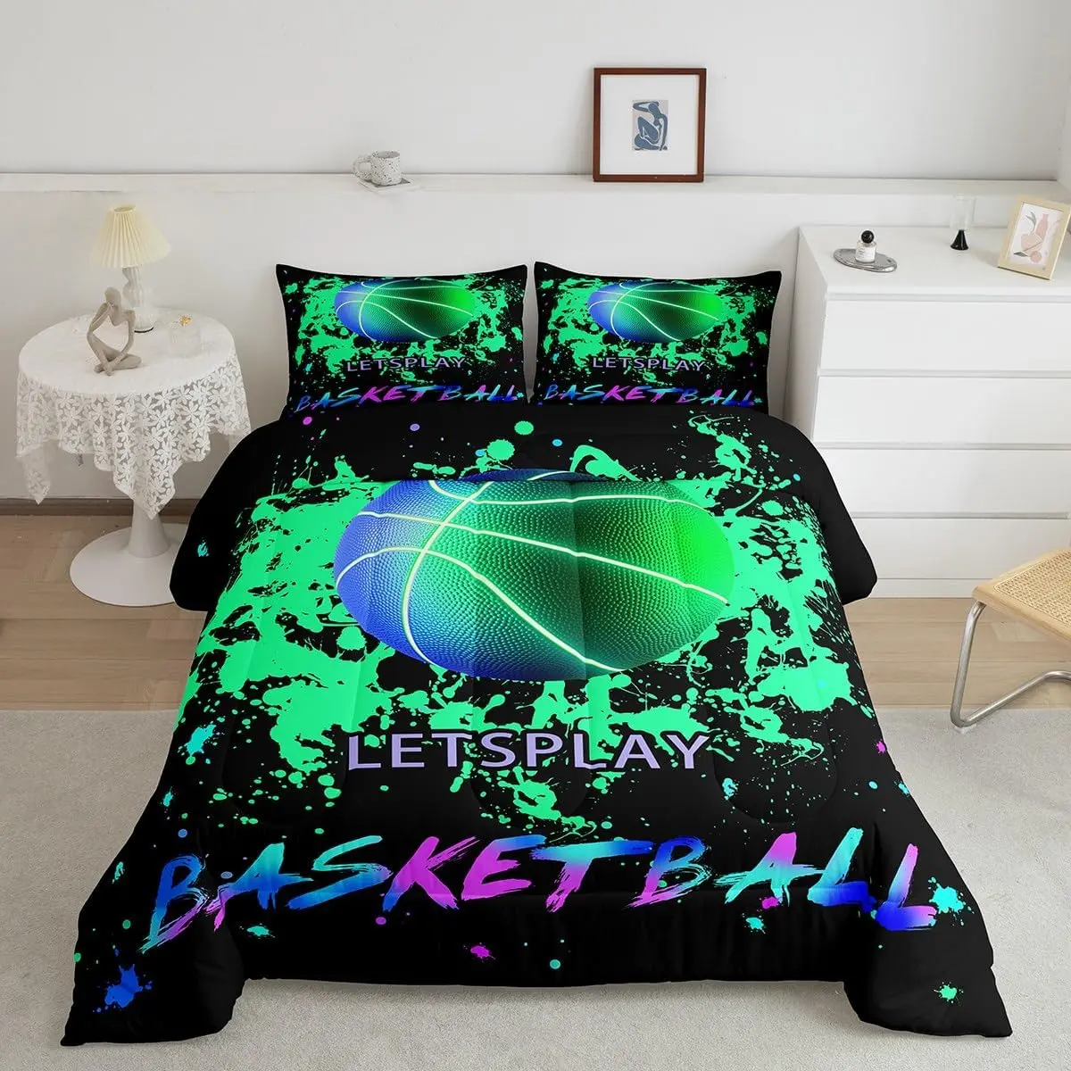 Feelyou Twin Size 3D Basketball Microfiber Quilt Set - Cool Bedding Set, Breathable Sports Theme Bedding, Green Blue Neon Galaxy Decor for Gaming Enthusiasts, Modern