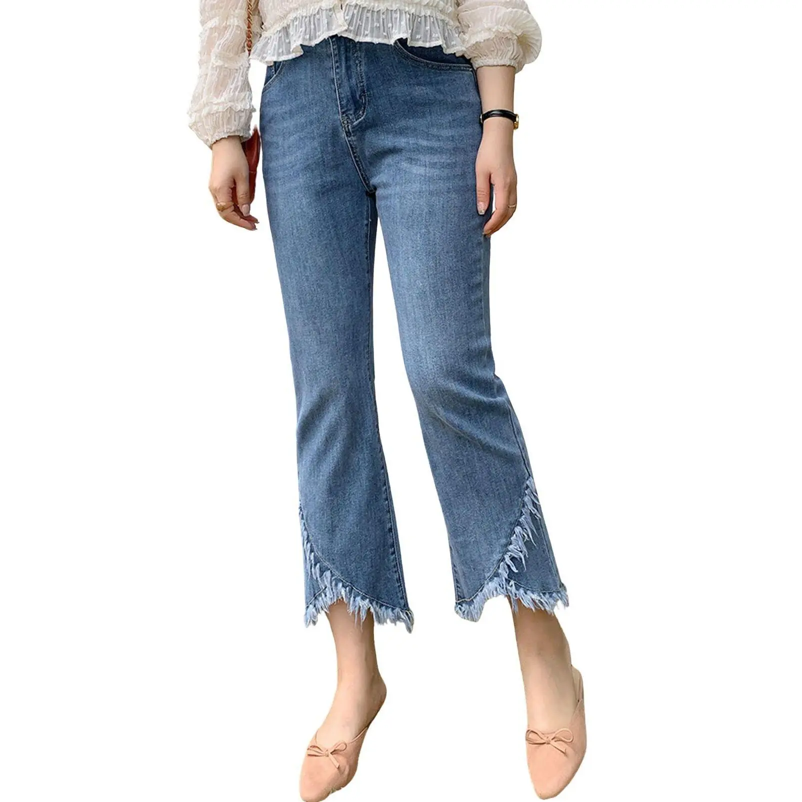CHARTOU Women's Casual Ripped Stretch Jeans, Lightweight Cropped Spandex Denim with a Distressed Frayed Tassel Hem, Cropped Jeans