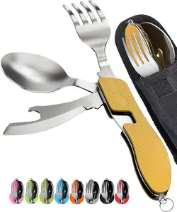 4-in-1 camping utensils, 2-pack, portable stainless steel spoon, fork, knife &amp; Bottle opener combo set-travel, backpacking cutlery multitool, yellow