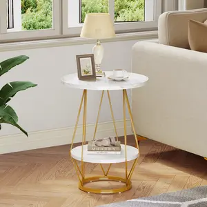 Yitahome Round End Table, 2-Tier Marble Sofa Side Table with Storage Shelf, Modern Small Coffee Table with Faux Marble Top for Living Room Bedroom