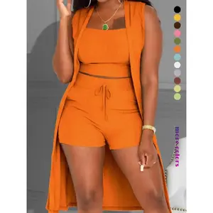 Three-Piece Set Women's Solid Ribbed Co-ord Set, Casual Crop Tank Top & Drawstring Waist Shorts & Vest Coat Set for Daily Wear, Summer Clothes, Women's Clothing