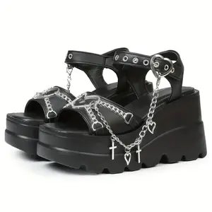 EROCALLI Women's Platform Gothic Sandals Open Toe Punk Goth Metal Buckle Summer Wedge Sandals Gothic Black Spider Buckle Punk Heart Chain Buckle Comfort Square Toe High Slope Heel Y2k Punk Alternative Girl