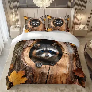 2/3Pcs Raccoon Pattern Duvet Cover Set In Tree Holes(1*Duvet Cover+1/2*Pillowcase,No Filling)Digital Print,100% Polyester Fiber,Machine Washable,Perfect Gift For Family,Friends During Festivals,All Season Use