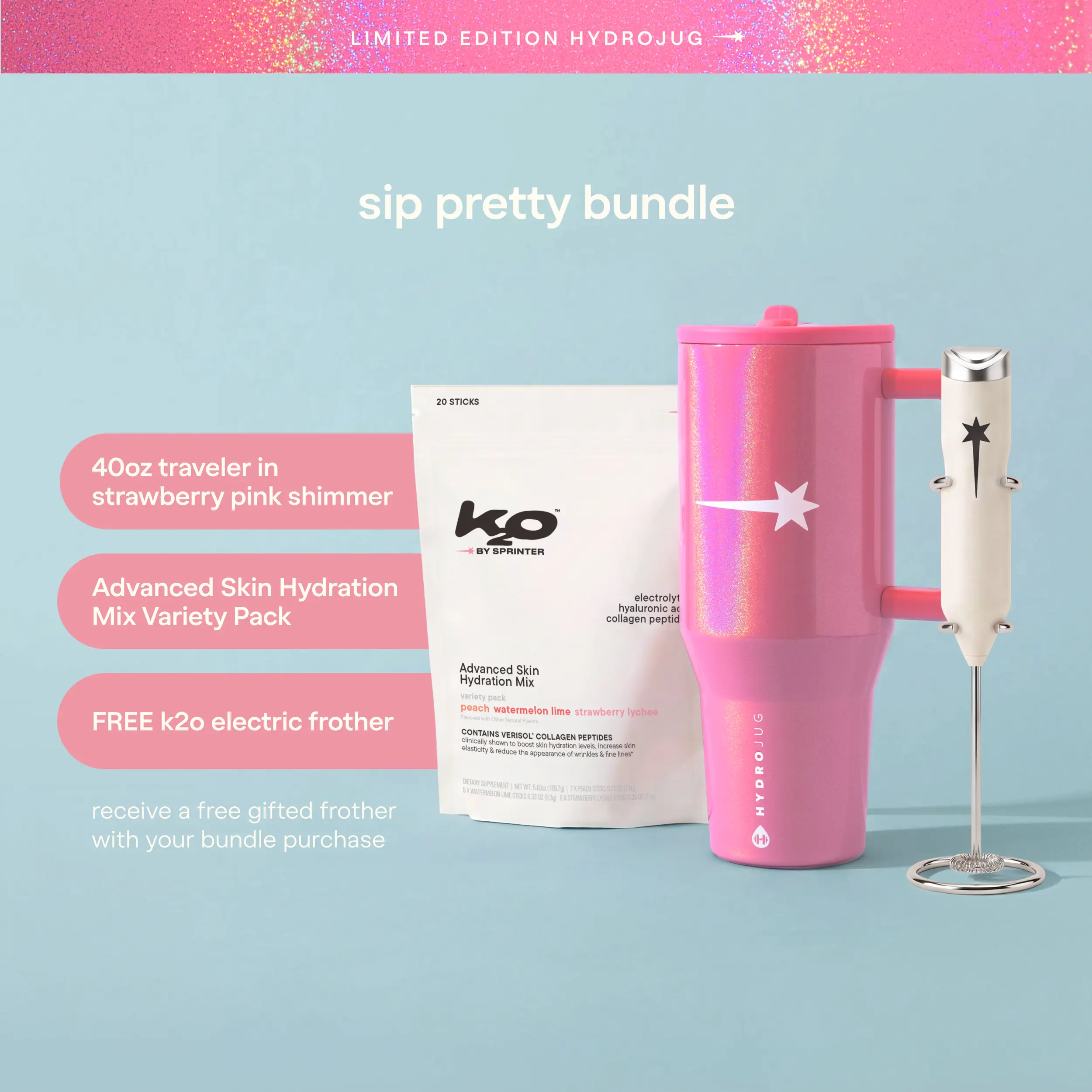 k2o x HydroJug Traveler in Strawberry Pink Shimmer 40oz