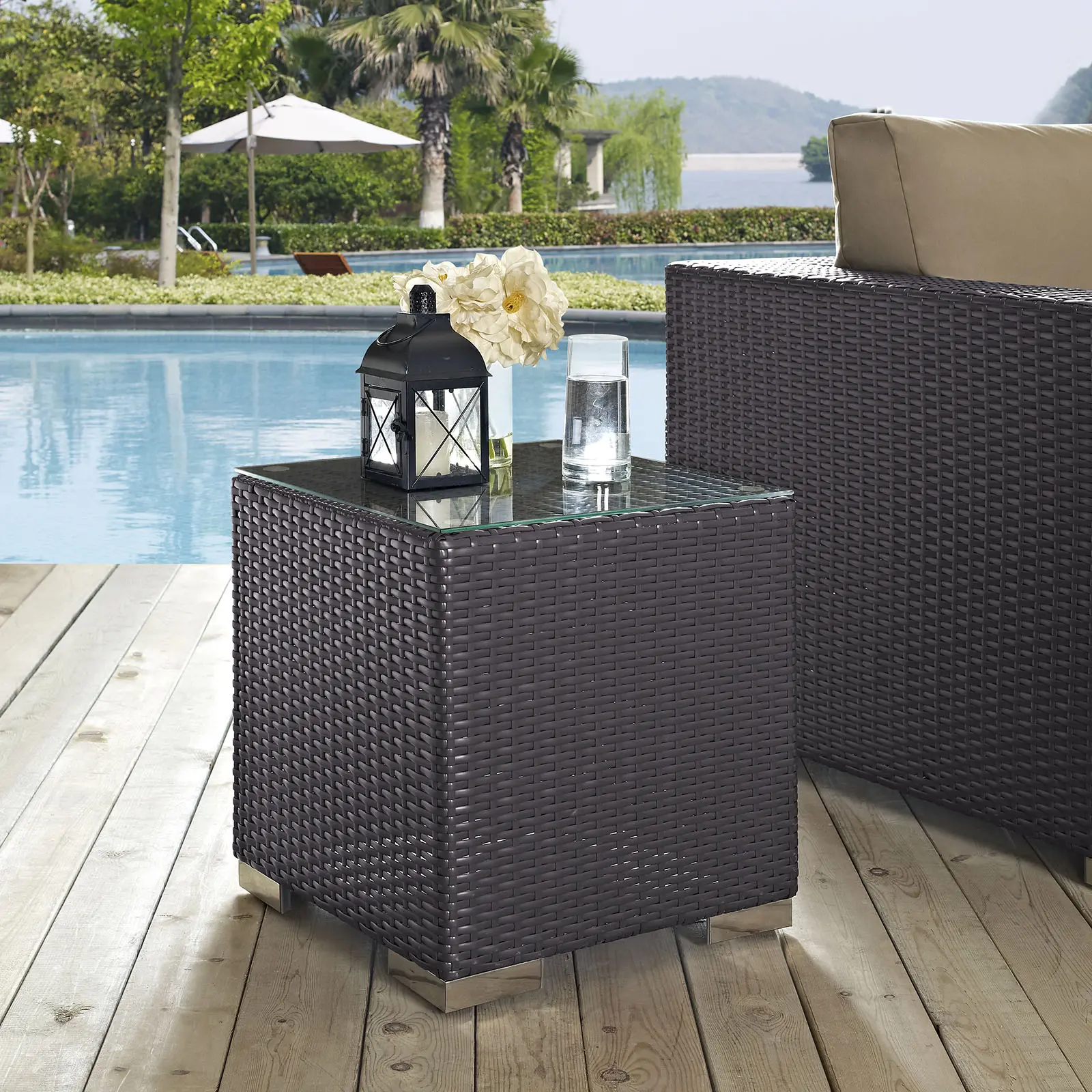 Modway Convene Outdoor Patio Side Table - Espresso, Outdoor Patio Furniture, Aluminum Rattan Wicker Table, Aluminum Tables
