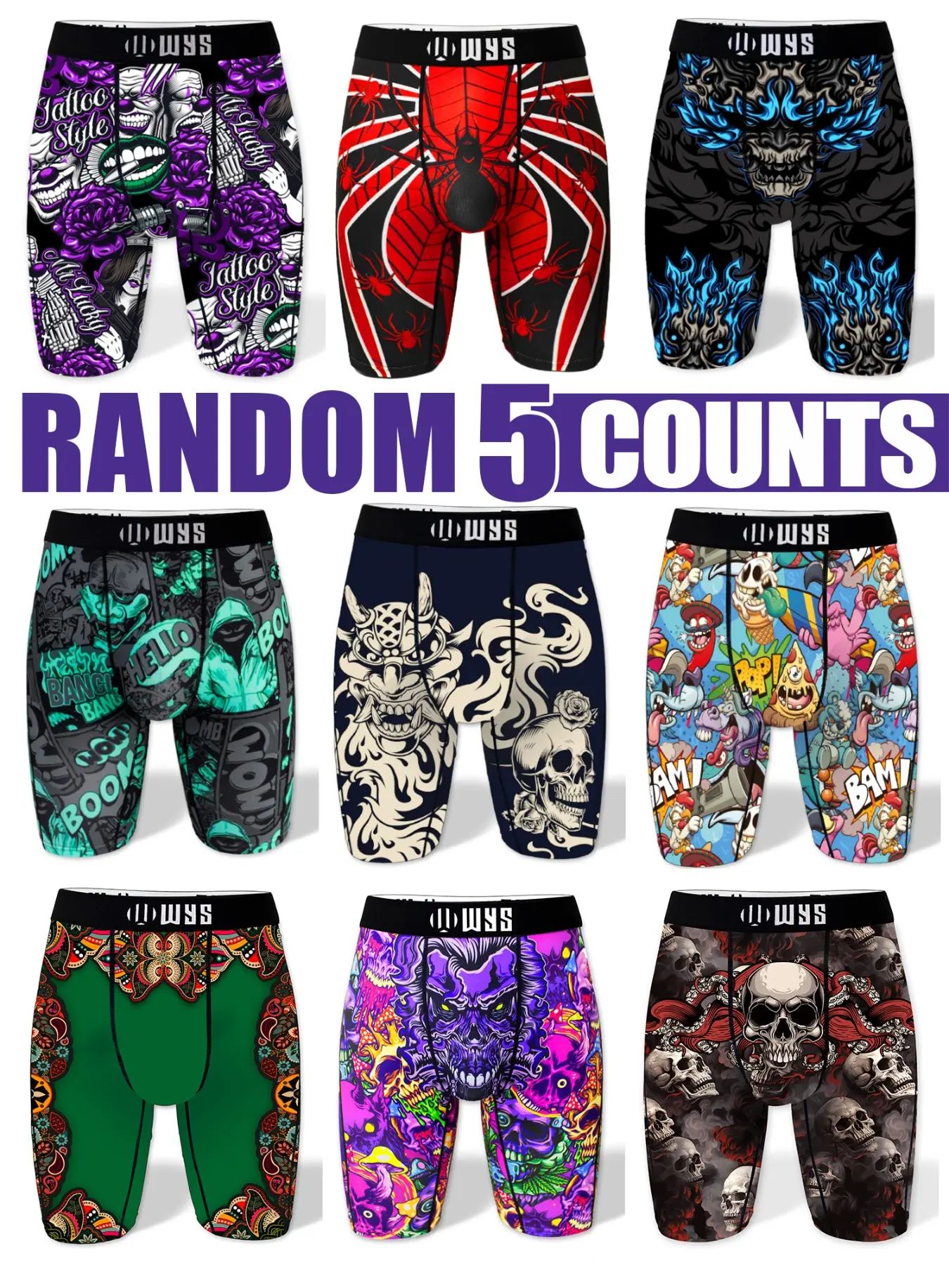 Men's Long Briefs Set of 5, Boxer Briefs Pack, Multicolor Random, Halloween Prints, Skull Spider Money, Sports Underwear, Moisture Wicking, Quick Dry, Performance Boxer Briefs, Printed Boxer Briefs