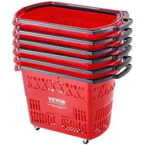 【fathersdaygift】VEVOR Shopping Baskets, 6PCS, 39L Shopping Carts with Handles, Plastic Rolling Shopping Basket with Wheels, Large Portable Shopping Basket Set for Supermarkets, Retail Stores, Grocery Shopping, Red Organiser Household