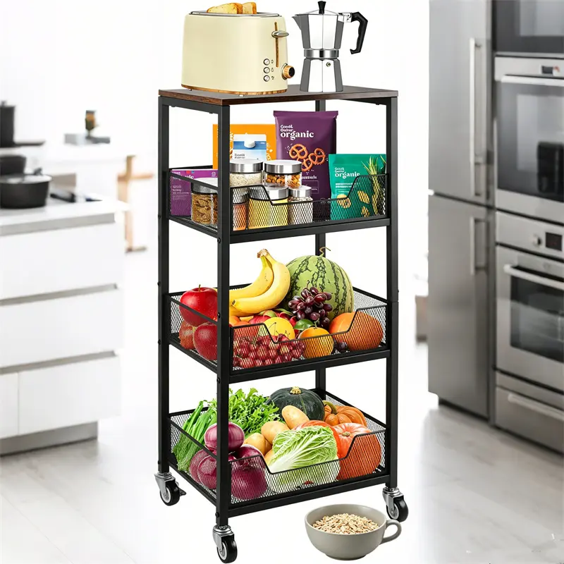 3-Tier Rolling 3-Compartment Utility Cart with Sturdy Wood Top - Kitchen Accessories Homegoods Room Storage Small Room Organization Products for Kitchen, Pantry