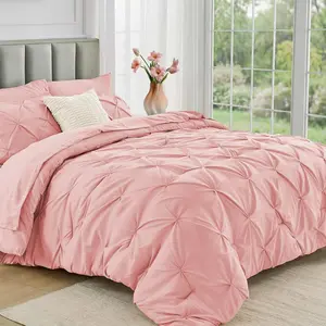 Queen Comforter Set 7 Pieces - Bed in a Bag Queen for All Season, Pintuck Bedding Comforter Sets with Comforter, Flat Sheet, Fitted Sheet and Pillowcases & Shams, Pink