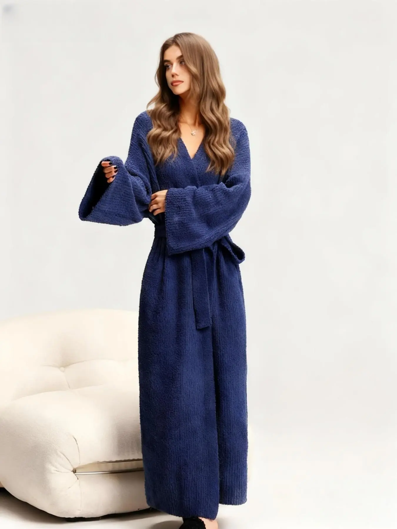 【COZY Soft Plush Feel】Women's Solid Color Thickened  Thermal Lined Long Sleeve Drop Shoulder Bathrobe, Loose Casual Soft Comfortable Thermal Warm Pocket Belted V Neck Dressing Gown for Women, Ladies Sleepwear Loungewear for Winter