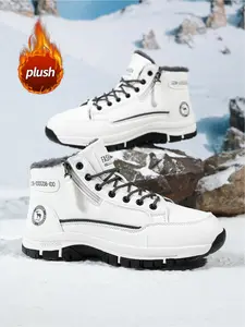 Men's 2025 New Fashion Snow Boots - White High-Top Warm Plush Lined Boots with Non-Slip Thick Sole - Winter Warm Shoes Autumn/Winter New Style - Breathable Non-Slip Daily Casual Wear
