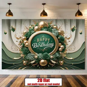 1PC,2D Flat Retro Green Gold Birthday Backdrop, Party Decoration Background Wall, Photo Backdrop for Adult & Kids' Birthdays, Banquet Decoration Prop, 2D Flat Design, Ideal for Party Photography