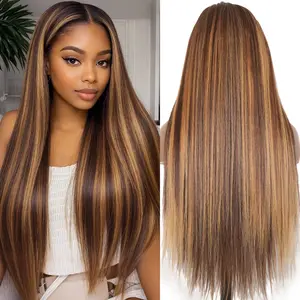 MIRELLE 13x6 Synthetic Highlight Honey Blonde Lace Front Wigs for Women HD Transparent Straight Lace Frontal Wig Pre-Plucked with Baby Hair Heat Resistant Fiber 30 Inches 220 Density #4/27