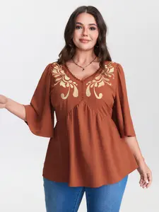 BLOOMCHIC Women's Plus Size Fit Floral Embroidery V-Neck Pleated T-Shirt - Short Ruffle Sleeves, Resort Wear, Blouse,M-6X, 2026 Summer Vibes, Red Womenswear,summerwins,Summer wins,Deals for you days