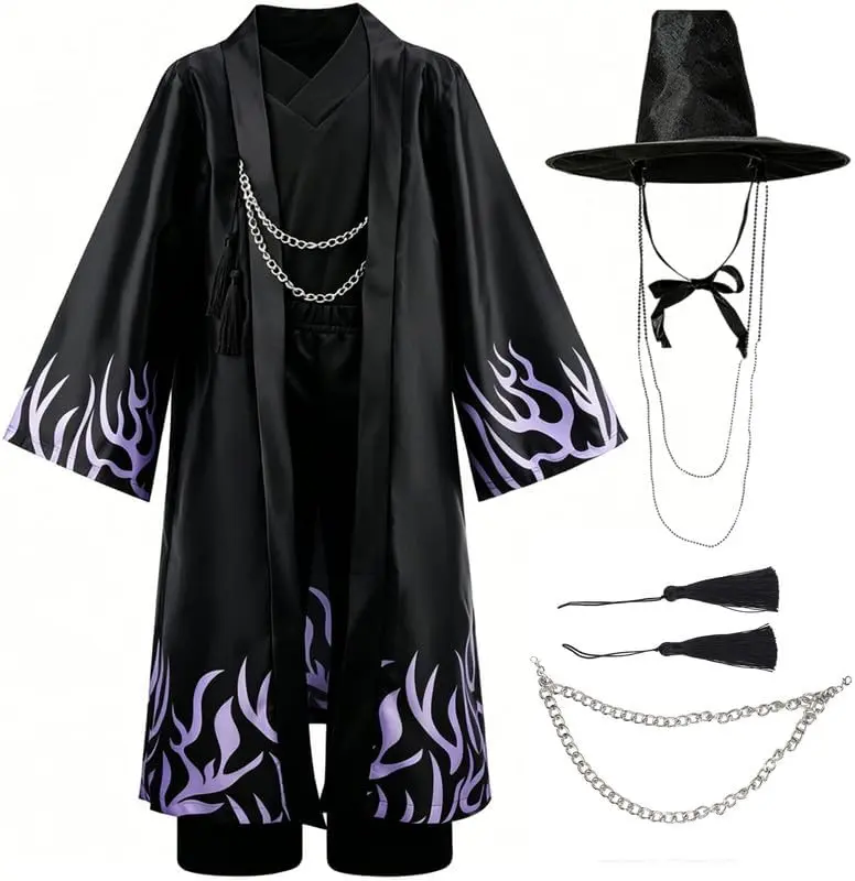 Kids Boys Kpop Style Cosplay Costume, Black Long Robe Outfit with Purple Flame Print, Complete Set with Hat, Chain & Tassel, Halloween Themed Party Dress‑up