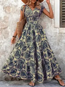 Summer New Plus Size Dress Fashion Elegant Vintage Print Paisley Bohemian V Neck Short Sleeve Long Dress, Stylish Women's Clothing for Casual Wear
