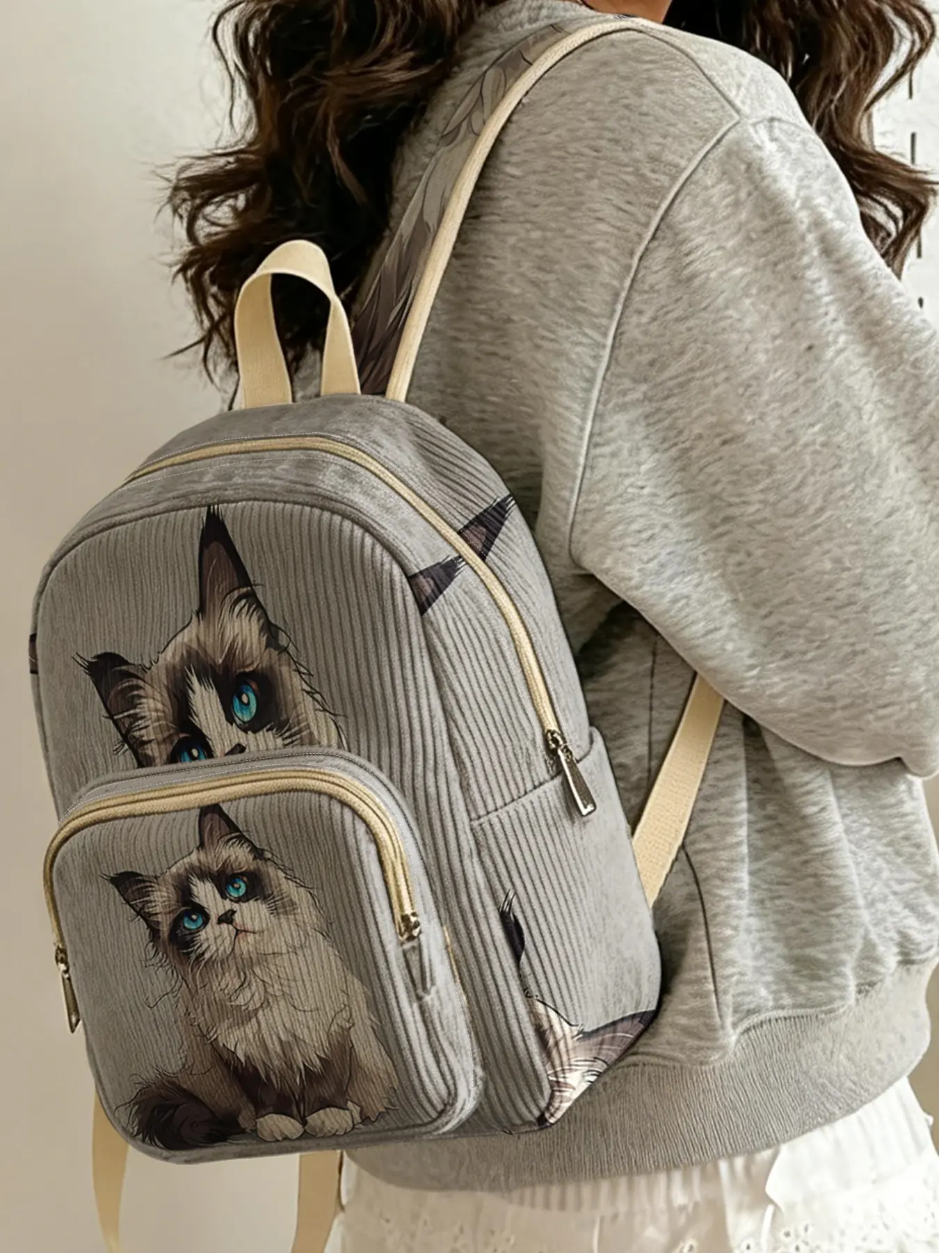 1 piece of lady's backpack with 2D print of ragdoll cat pattern, corduroy texture + layered storage + light and easy to carry | Perfect for students to go to class, shopping, traveling, or short trips | Combines atmosphere with practicality