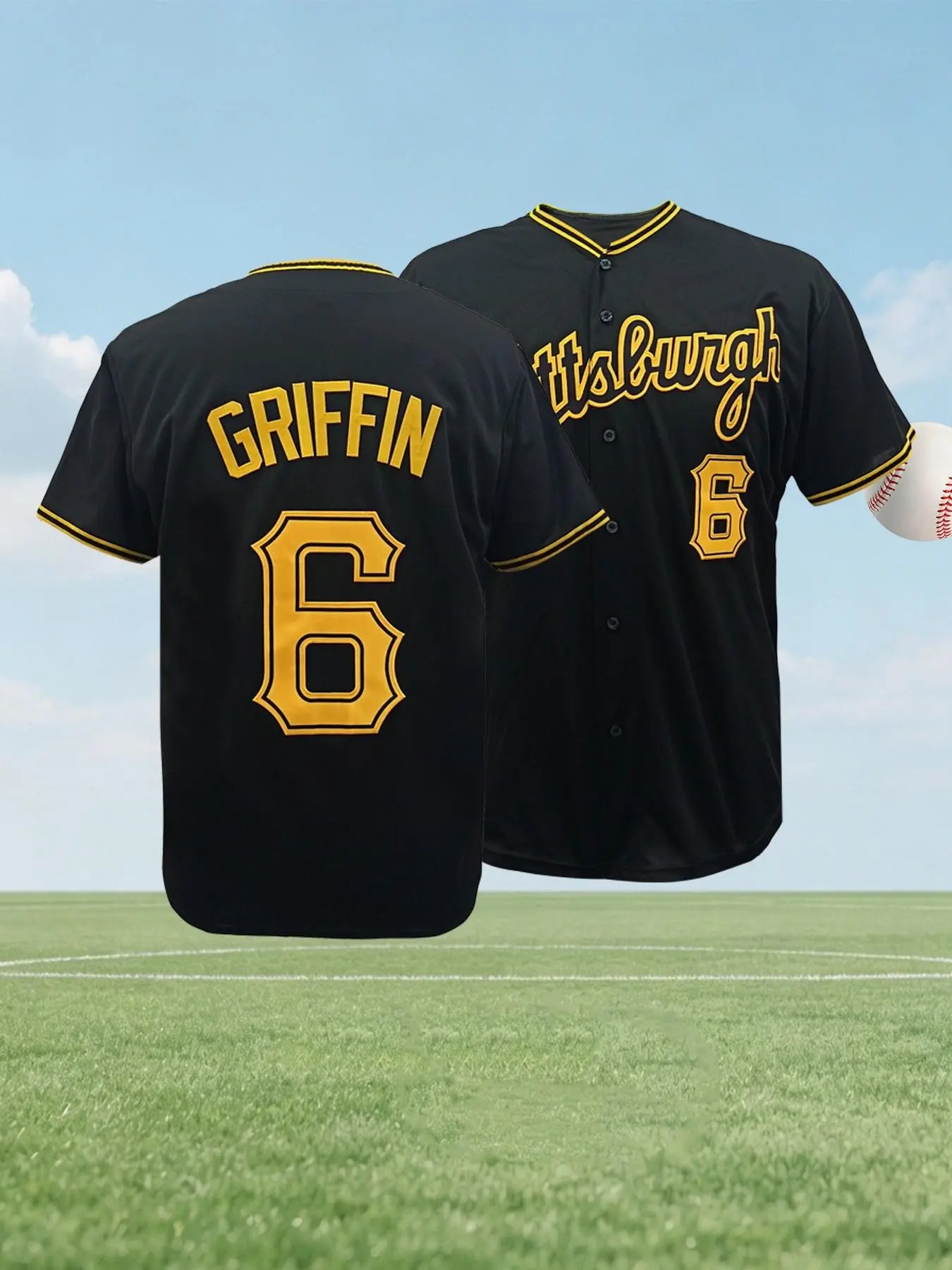 Black Yellow Pittsburgh Style Stitched Baseball Jersey Classic Throwback Jersey | Classic Number 6 Vintage Short Sleeve Sports Shirt for Men Women Sports Apparel