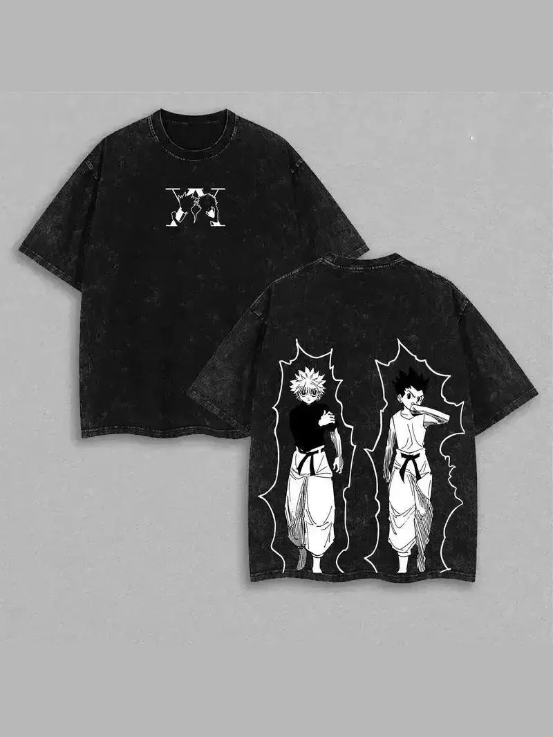 Men's Round Neck Short-Sleeve Washed Cotton T-Shirt - Casual Distressed Anime Hunter X Hunter Gon Killua Graphic Top, Retro Harajuku Festive Menswear