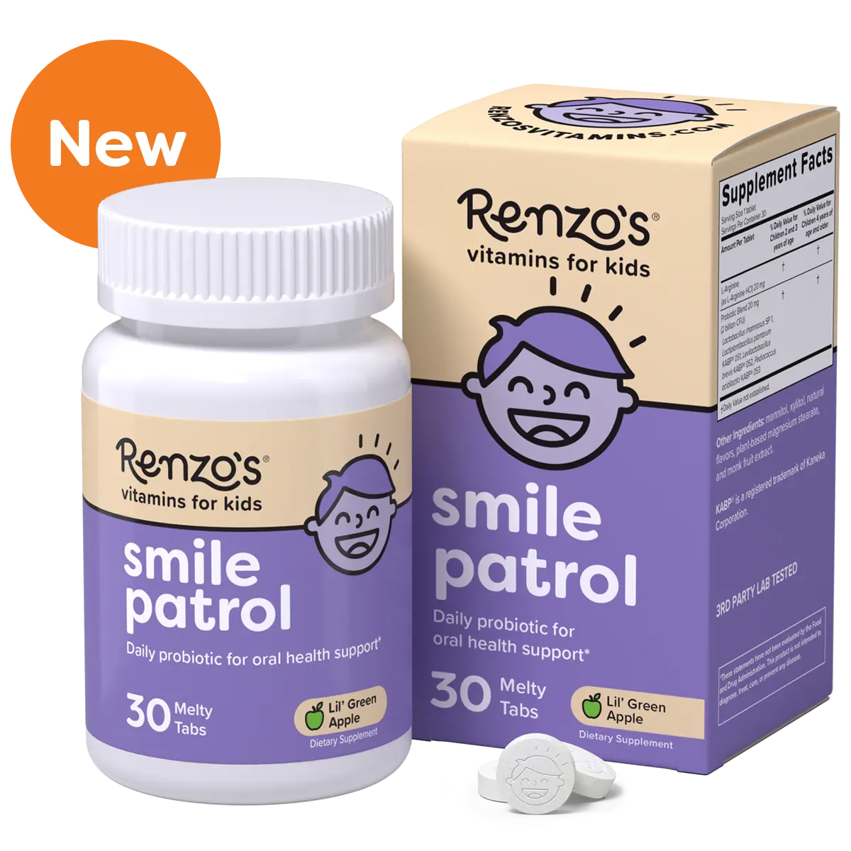 Renzo's Vitamins Smile Patrol Children's Daily Nutrition Supplement Melts - Sugar Free Probiotics for Kids, Oral Support, Strong Teeth & Gums, 30 Fast-Melting Tabs (Children's Vitamins Option), Dietary, Melts Fast
