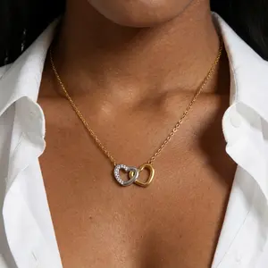 Two-Tone Double Heart Necklace for Women, High-End Luxury Pendant, Stainless Steel with Diamond Inlay, Heart-Shaped European and American Style Jewelry