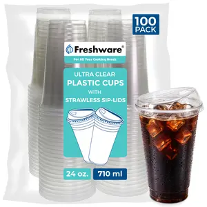 FRESHWARE Transparent Heavy-Duty Plastic Disposable Cups with Strawless Sip Lids (100 Pack) - Eco-Friendly Cold Drink Cups for Iced Coffee, Soda; Party Supplies & Business Disposable Tableware