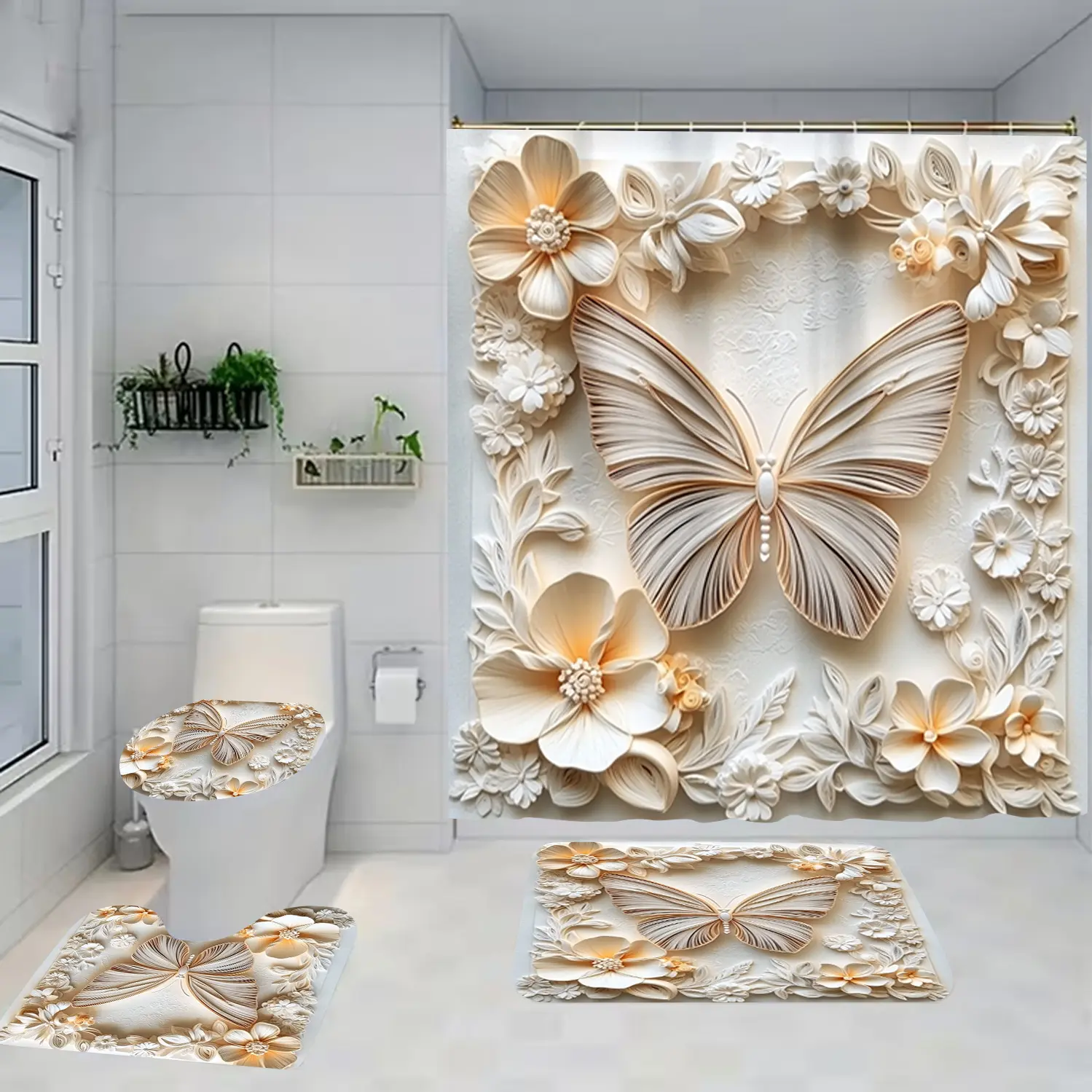 1/4 piece butterfly flower design bathroom set, Bathroom decoration accessories, Bathroom Accessory, including soft floor mat with good rebound, water absorption, anti slip, toilet seat cushion, shower curtain