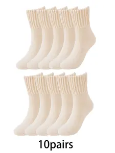 10pairs Simple Solid Color Knitted Socks Comfortable, Warm, Cozy Socks, Versatile Thick Plush Socks Suitable for Women's Daily Commuting and Home Wearing