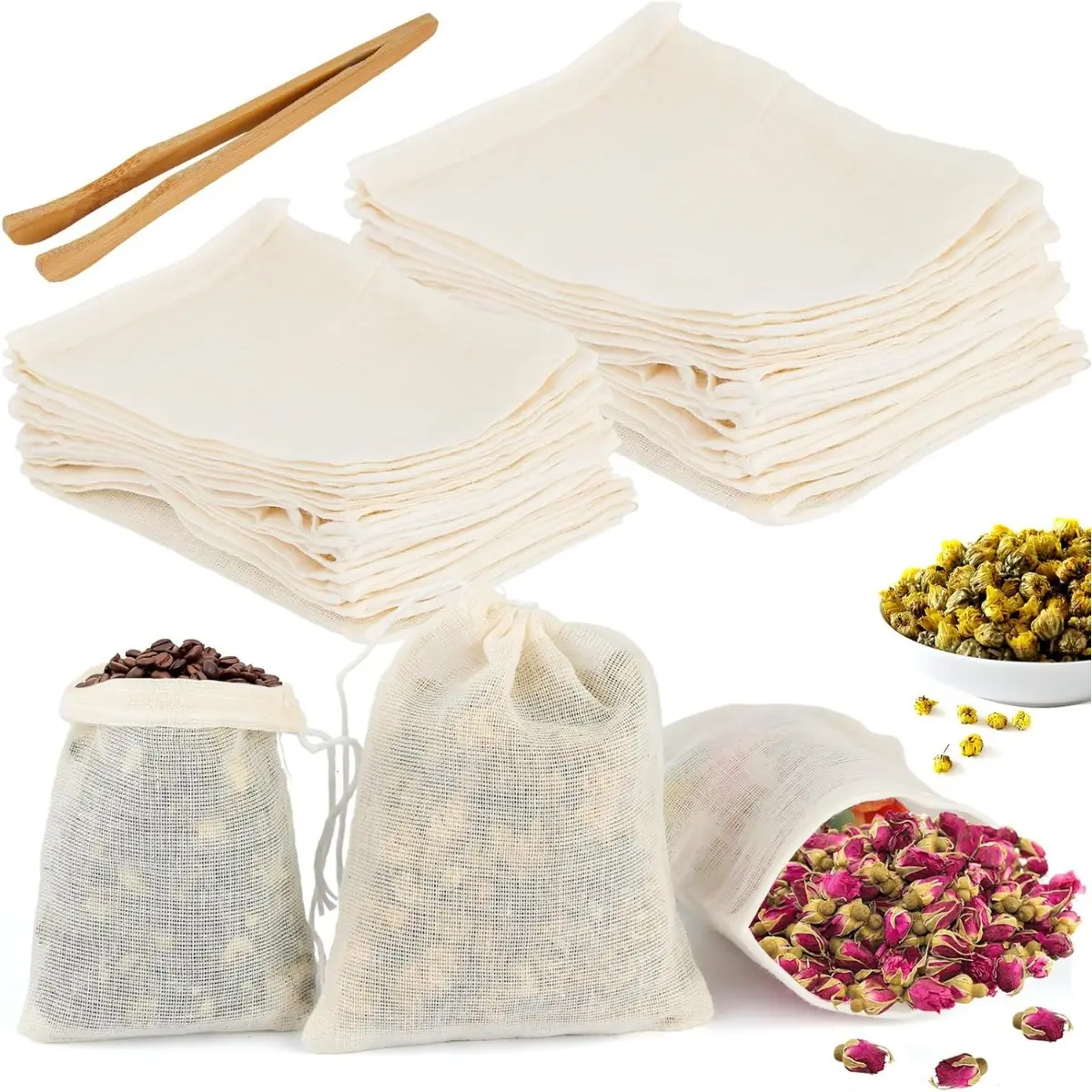 50pcs Disposable Non-woven Fabric Tea Infuser Bags with Drawstring, Empty Spice Tea Filter Pouches for Loose Leaf Tea, Herbs, and Spices